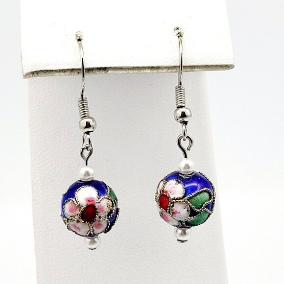 Artisan Blue Cloisonne Beaded Earrings Silver Tone French Ear Wires Drop Dangle - Picture 3 of 4